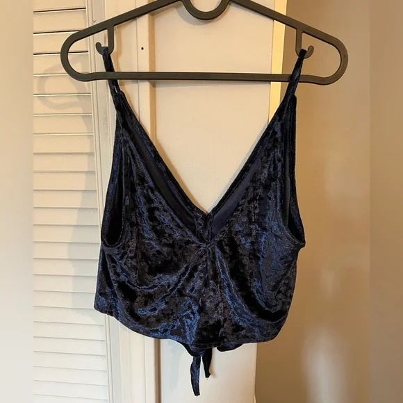 Free People -  Two Tie For You Crushed Velvet Knotted Cropped Cami - Navy - Picture 3 of 9
